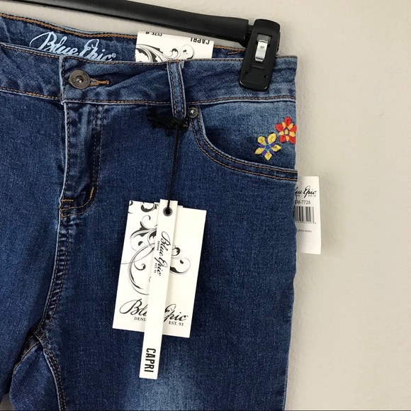 Blue Epic Jeans Nwt Distressed Flowers Capri Blue Jeans Size 8